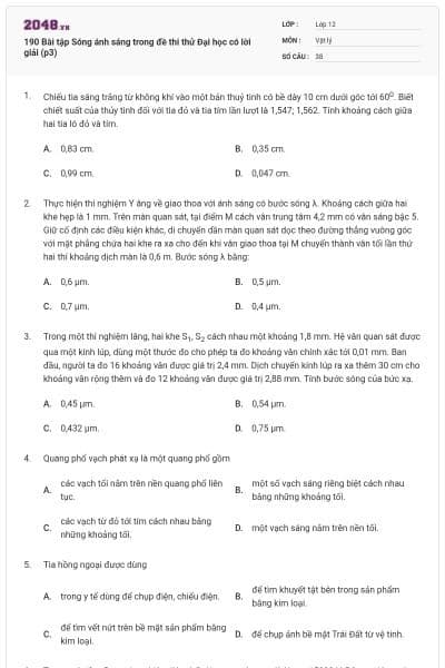 190 Bài tập Sóng ánh sáng trong đề thi thử Đại học có lời giải (p3)