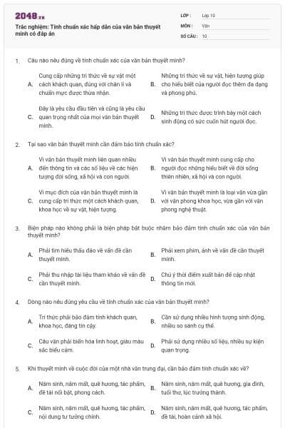 Trắc nghiệm: Tính chuẩn xác hấp dẫn của văn bản thuyết minh có đáp án