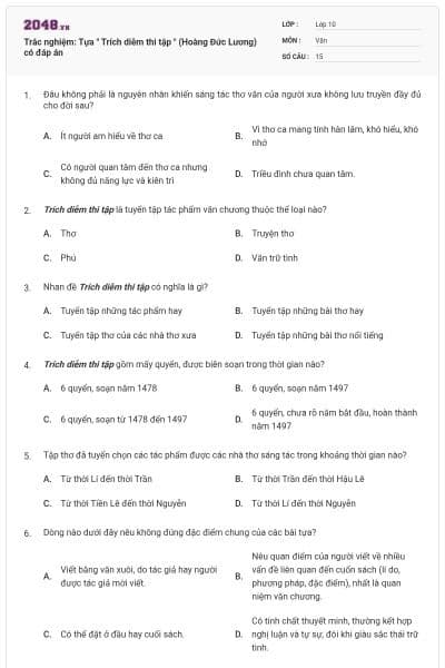 Trắc nghiệm: Tựa " Trích diễm thi tập " (Hoàng Đức Lương) có đáp án