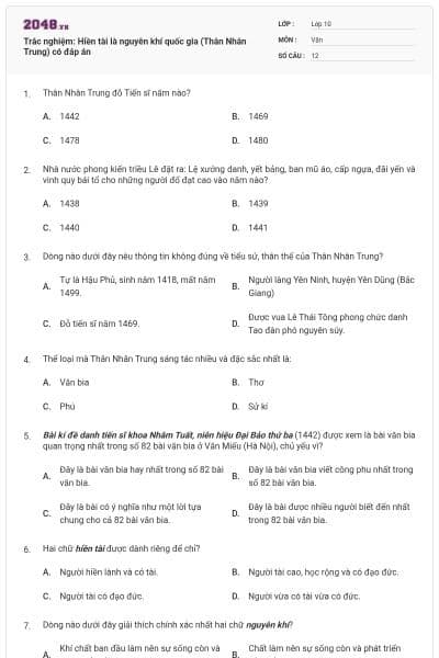 Trắc nghiệm: Hiền tài là nguyên khí quốc gia (Thân Nhân Trung) có đáp án