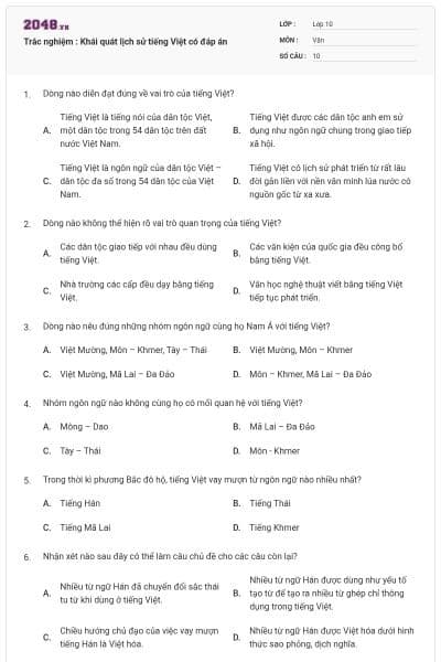 Trắc nghiệm : Khái quát lịch sử tiếng Việt có đáp án