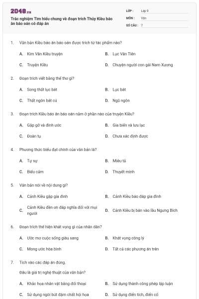 Trắc nghiệm Tìm hiểu chung về đoạn trích Thúy Kiều báo ân báo oán có đáp án