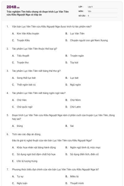 Trắc nghiệm Tìm hiểu chung về đoạn trích Lục Vân Tiên cứu Kiều Nguyệt Nga có đáp án