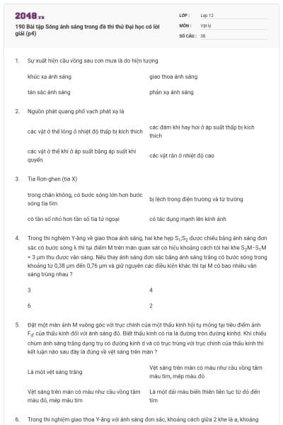 190 Bài tập Sóng ánh sáng trong đề thi thử Đại học có lời giải (p4)