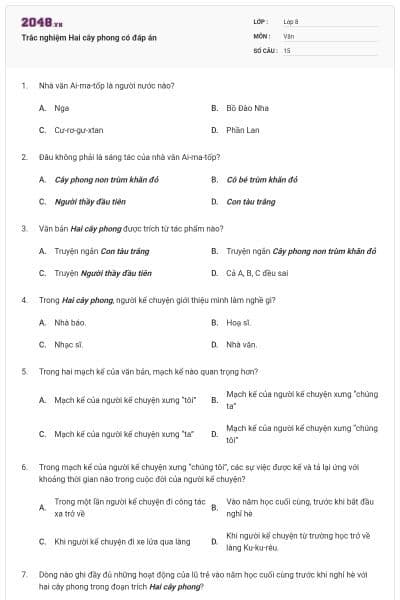 Trắc nghiệm Hai cây phong có đáp án