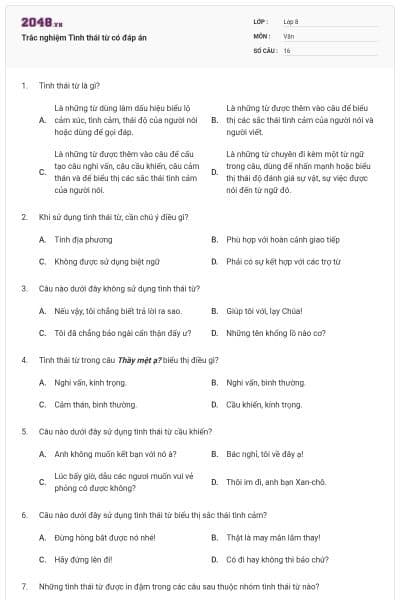 Trắc nghiệm Tình thái từ có đáp án