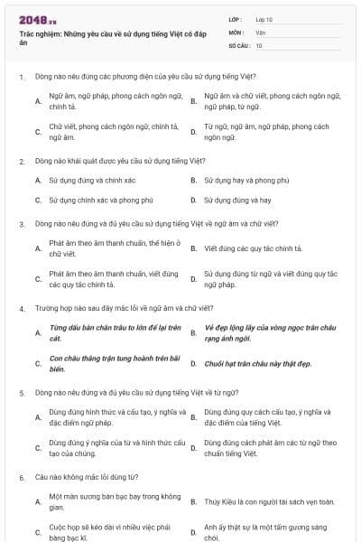 Trắc nghiệm: Những yêu cầu về sử dụng tiếng Việt có đáp án