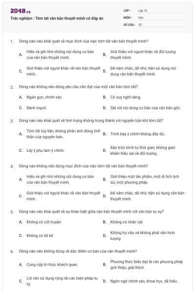 Trắc nghiệm : Tóm tắt văn bản thuyết minh có đáp án