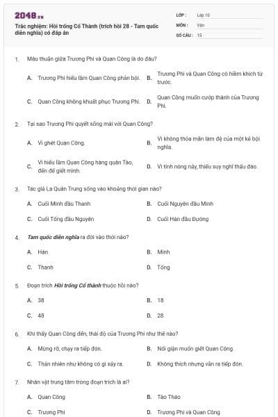 Trắc nghiệm: Hồi trống Cổ Thành (trích hồi 28 - Tam quốc diễn nghĩa) có đáp án