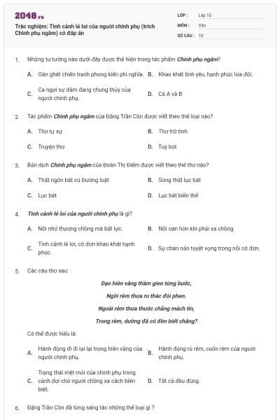 Trắc nghiệm: Tình cảnh lẻ loi của người chinh phụ (trích Chinh phụ ngâm) có đáp án