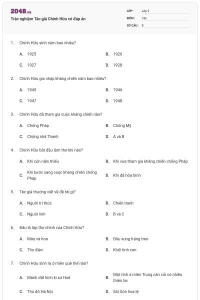 Trắc nghiệm Tác giả Chính Hữu có đáp án