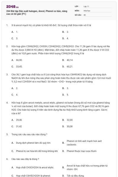 264 Bài tập Dẫn xuất halogen, Ancol, Phenol cơ bản, nâng cao có lời giải (P1)