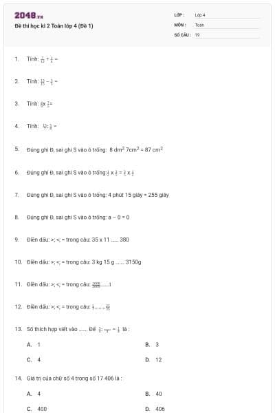 Đề thi học kì 2 Toán lớp 4 (Đề 1)