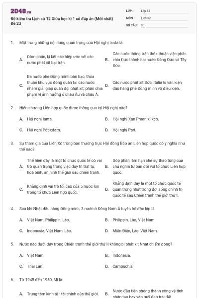 Đề kiểm tra Lịch sử 12 Giữa học kì 1 có đáp án (Mới nhất) Đề 23