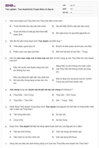 Trắc nghiệm : Trao duyên(trích Truyện Kiều) có đáp án