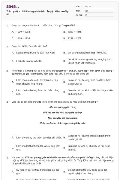 Trắc nghiệm : Nỗi thương mình (trích Truyện Kiều) có đáp án