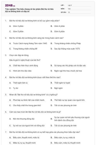 Trắc nghiệm Tìm hiểu chung về tác phẩm Bài thơ về tiểu đội xe không kính có đáp án