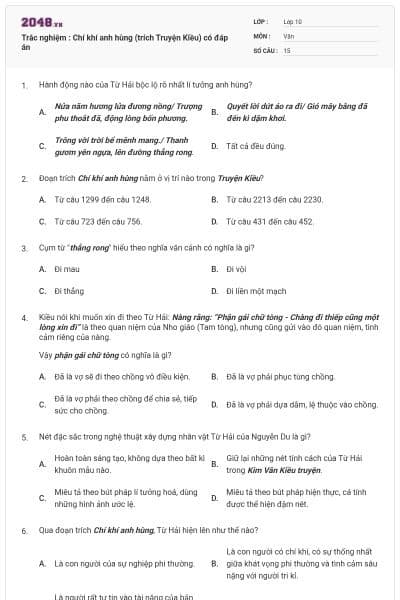 Trắc nghiệm : Chí khí anh hùng (trích Truyện Kiều) có đáp án