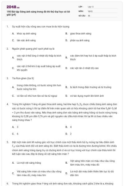 190 Bài tập Sóng ánh sáng trong đề thi thử Đại học có lời giải (p4)