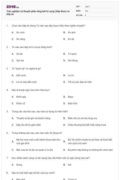 Trắc nghiệm Lý thuyết phần tổng kết từ vựng (tiếp theo) có đáp án