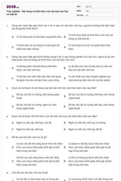 Trắc nghiệm : Nội dung và hình thức của văn bản văn học có đáp án