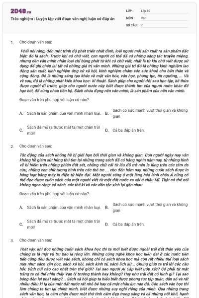 Trắc nghiệm : Luyện tập viết đoạn văn nghị luận có đáp án