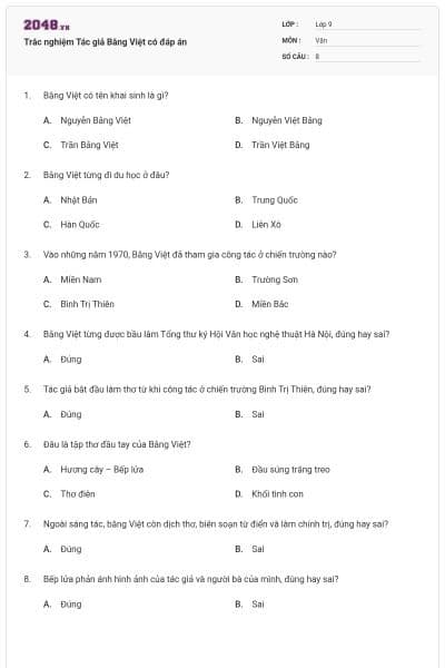 Trắc nghiệm Tác giả Bằng Việt có đáp án