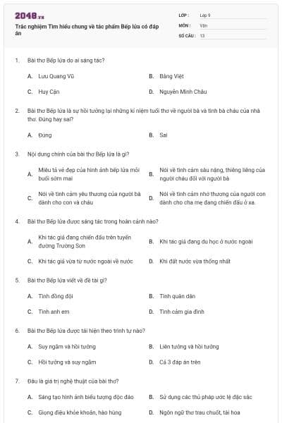 Trắc nghiệm Tìm hiểu chung về tác phẩm Bếp lửa có đáp án