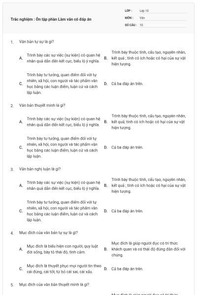 Trắc nghiệm : Ôn tập phần Làm văn có đáp án