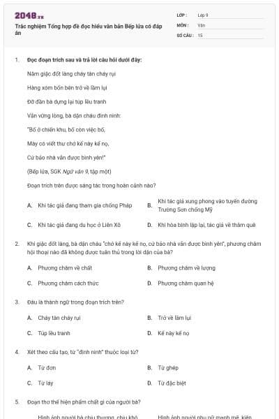 Trắc nghiệm Tổng hợp đề đọc hiểu văn bản Bếp lửa có đáp án