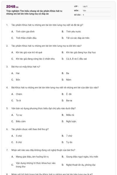 Trắc nghiệm Tìm hiểu chung về tác phẩm Khúc hát ru những em bé lớn trên lưng mẹ có đáp án