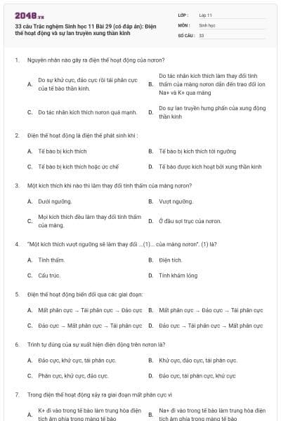 33 câu  Trắc nghệm Sinh học 11 Bài 29 (có đáp án): Điện thế hoạt động và sự lan truyền xung thần kinh