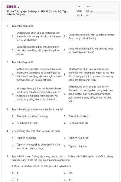 50 câu Trắc nghệm Sinh học 11 Bài 31 (có đáp án): Tập tính của động vật