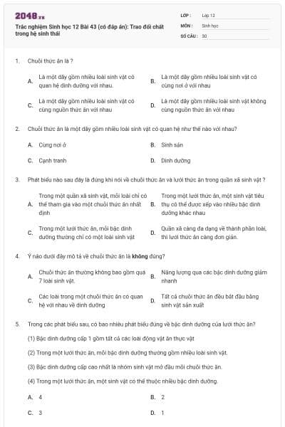 Trắc nghiệm Sinh học 12 Bài 43 (có đáp án): Trao đổi chất trong hệ sinh thái