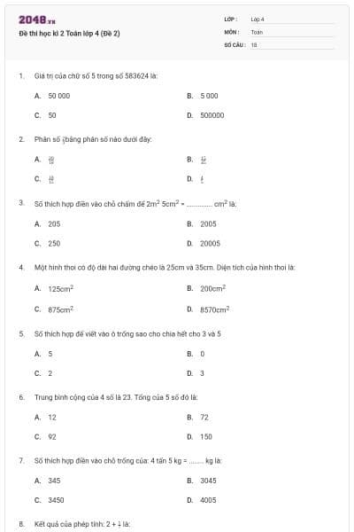 Đề thi học kì 2 Toán lớp 4 (Đề 2)