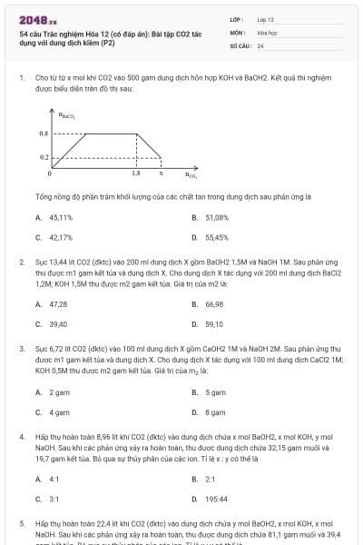 54 câu Trắc nghiệm Hóa 12 (có đáp án): Bài tập CO2 tác dụng với dung dịch kiềm (P2)