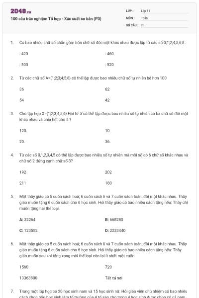 100 câu trắc nghiệm Tổ hợp - Xác suất cơ bản (P3)