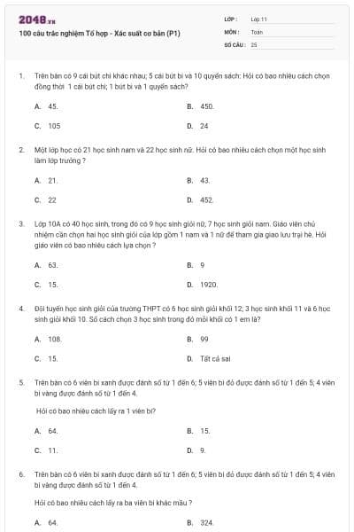 100 câu trắc nghiệm Tổ hợp - Xác suất cơ bản (P1)