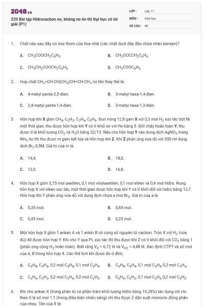220 Bài tập Hidrocacbon no, không no ôn thi Đại học có lời giải (P1)