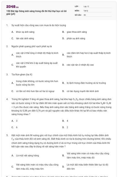 190 Bài tập Sóng ánh sáng trong đề thi thử Đại học có lời giải (p4)