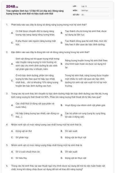 Trắc nghiệm Sinh học 12 Bài 45 (có đáp án): Dòng năng lượng trong hệ sinh thái và hiệu suất sinh thái