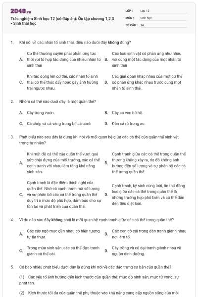 Trắc nghiệm Sinh học 12 (có đáp án): Ôn tập chương 1,2,3 - Sinh thái học