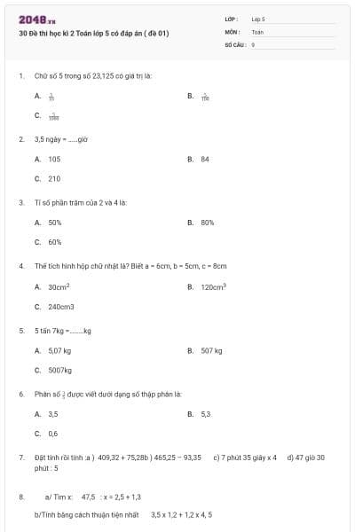 30 Đề thi học kì 2 Toán lớp 5 có đáp án ( đề 01)