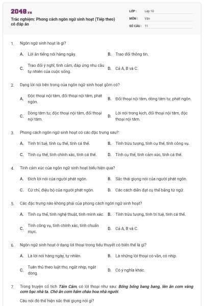 Trắc nghiệm: Phong cách ngôn ngữ sinh hoạt (Tiếp theo) có đáp án