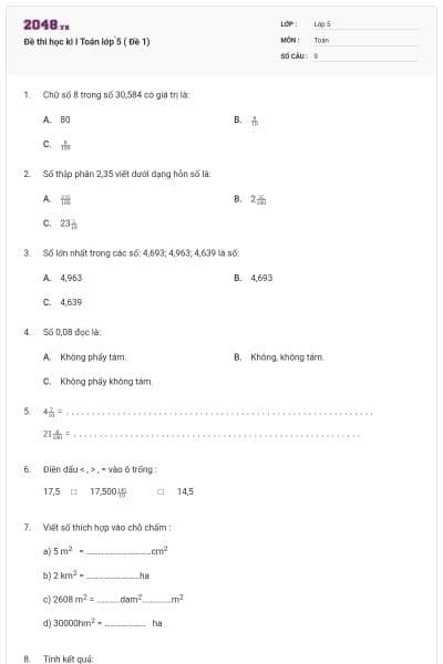 Đề thi học kì I Toán lớp ̀5 ( Đề 1)