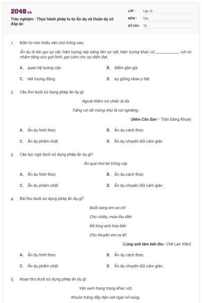 Trắc nghiệm : Thực hành phép tu từ Ẩn dụ và Hoán dụ có đáp án