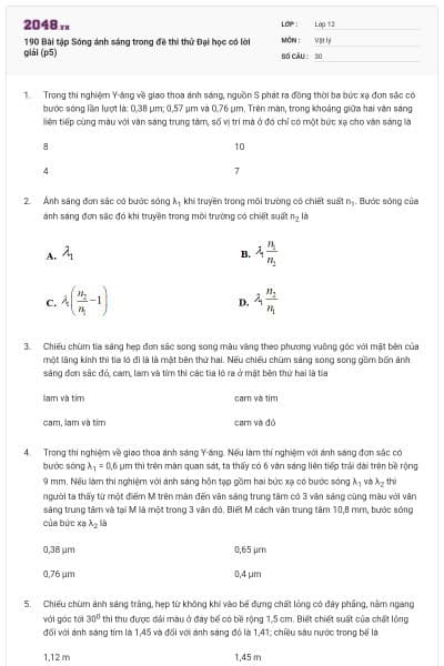 190 Bài tập Sóng ánh sáng trong đề thi thử Đại học có lời giải (p5)