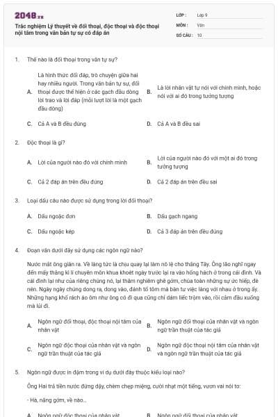 Trắc nghiệm Lý thuyết về đối thoại, độc thoại và độc thoại nội tâm trong văn bản tự sự có đáp án