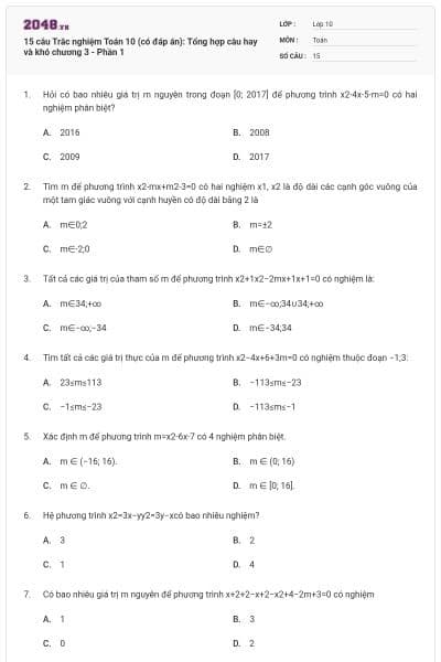 15 câu Trắc nghiệm Toán 10 (có đáp án): Tổng hợp câu hay và khó chương 3 - Phần 1