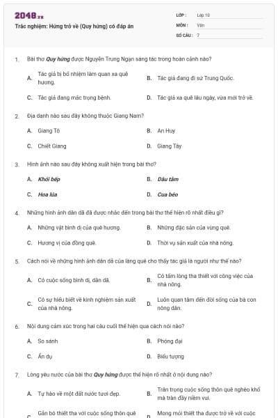 Trắc nghiệm: Hứng trở về (Quy hứng) có đáp án